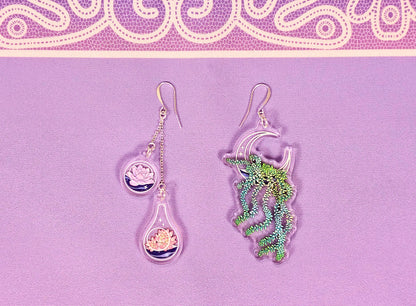 Terrarium Earrings - Celestial Succulents - 3D Acrylic with Silver Accents