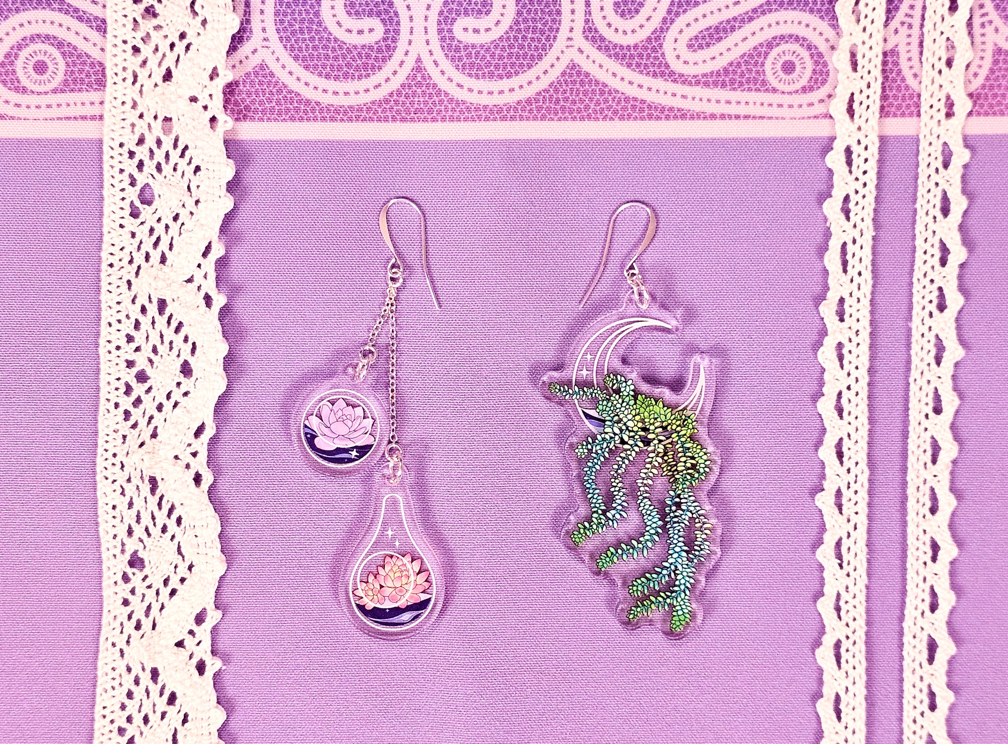 Terrarium Earrings - Celestial Succulents - 3D Acrylic with Silver Accents