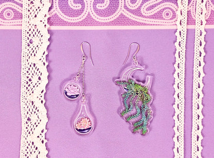 Terrarium Earrings - Celestial Succulents - 3D Acrylic with Silver Accents