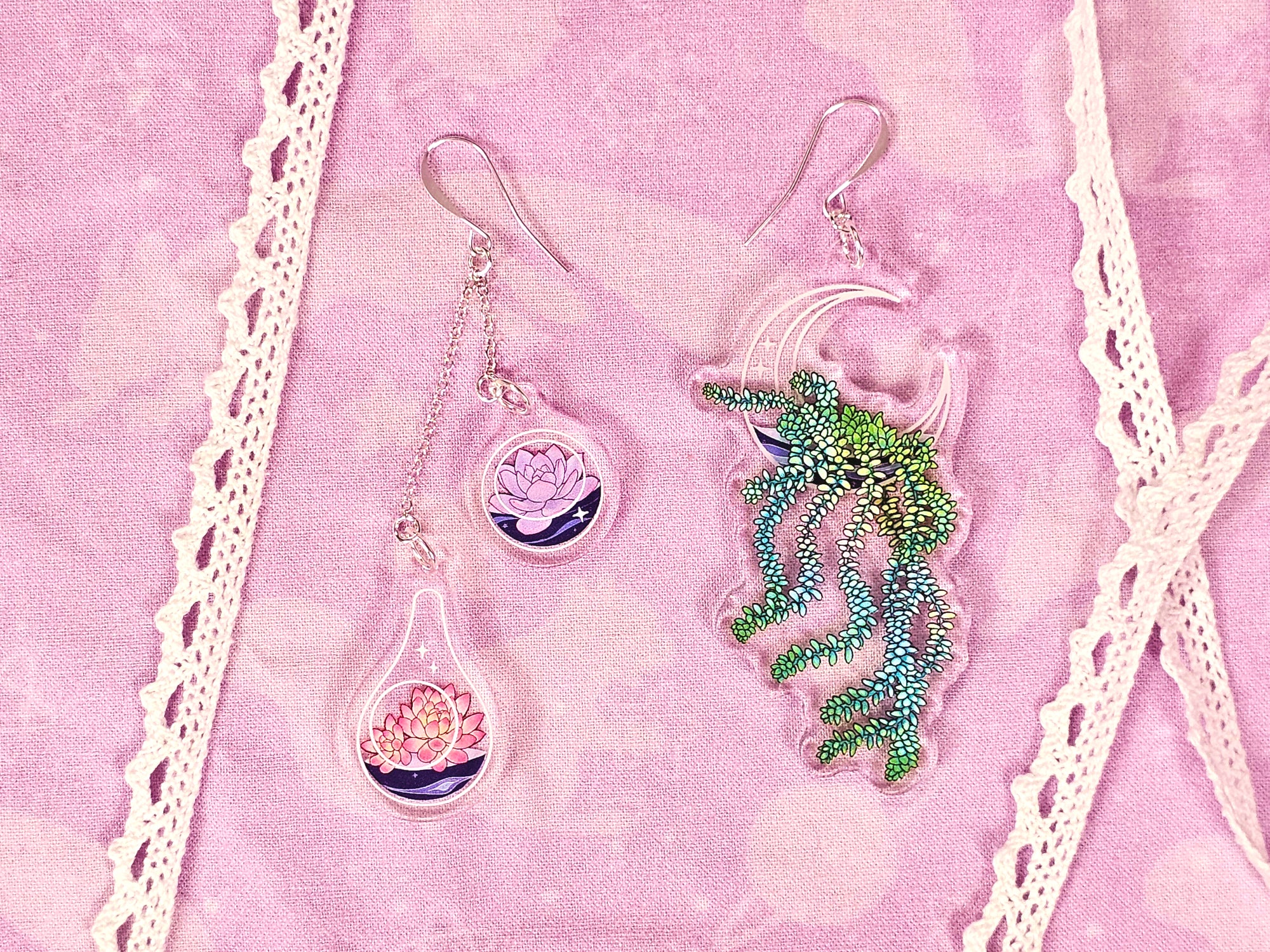 Terrarium Earrings - Celestial Succulents - 3D Acrylic with Silver Accents