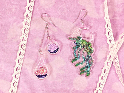 Terrarium Earrings - Celestial Succulents - 3D Acrylic with Silver Accents