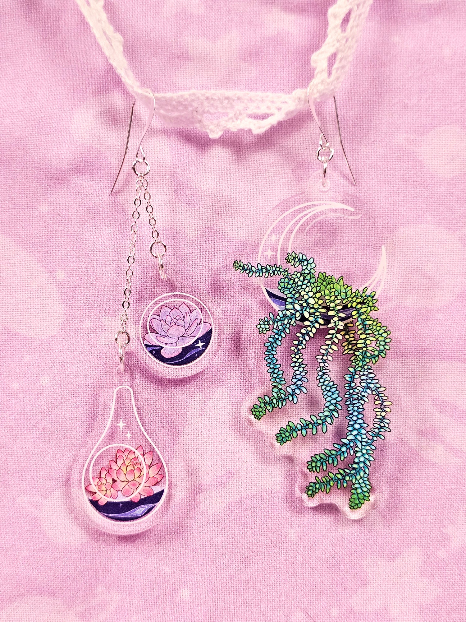 Terrarium Earrings - Celestial Succulents - 3D Acrylic with Silver Accents